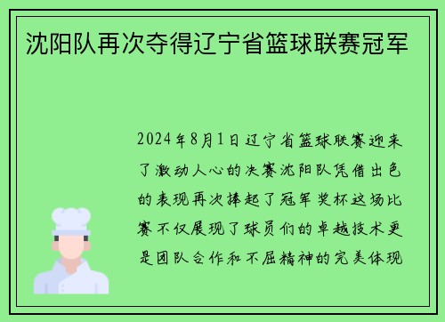 沈阳队再次夺得辽宁省篮球联赛冠军